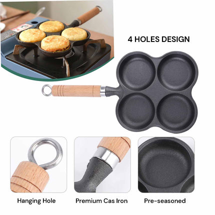4 Cup Cast Iron Egg Frying Pan Divided Egg Skillet Pan Fried Egg Pan Cooker Pancake Egg Fryer.