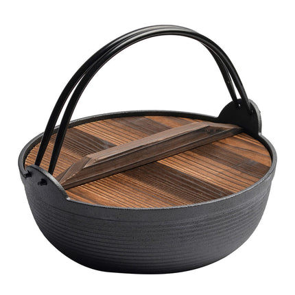29cm Cast Iron Sukiyaki Iron Pot Japanese Shabu Shabu Pot Pan Stockpot Wooden Lid Home Camping Picnic.