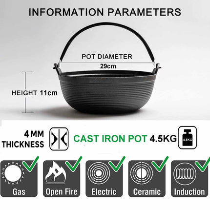 29cm Cast Iron Sukiyaki Iron Pot Japanese Shabu Shabu Pot Pan Stockpot Wooden Lid Home Camping Picnic.