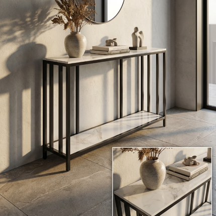 Interior Ave - Bronte Dual Layer Marble Stone Console - White Marble Stone.