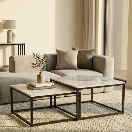 Interior Ave - Ciest Square Nested Coffee Table Set - White Marble Stone.