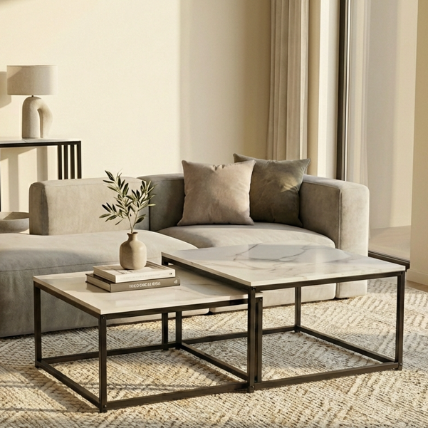 Interior Ave - Ciest Square Nested Coffee Table Set - White Marble Stone.