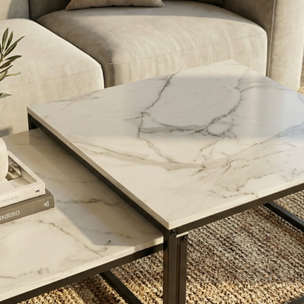 Interior Ave - Ciest Square Nested Coffee Table Set - White Marble Stone.