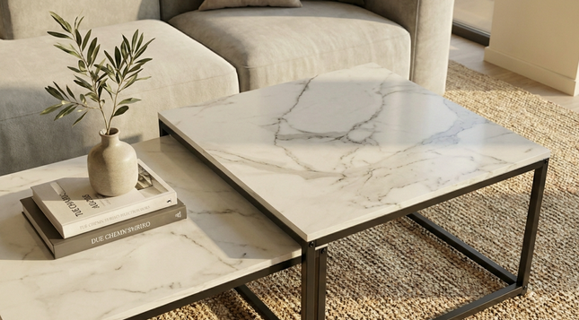 Interior Ave - Ciest Square Nested Coffee Table Set - White Marble Stone.