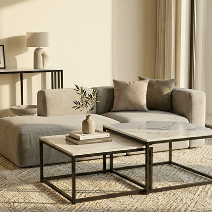 Interior Ave - Ciest Square Nested Coffee Table Set - White Marble Stone.