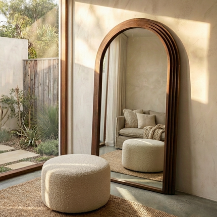 Interior Ave - Sierra Arched Step Mirror – Signature Sculptural Walnut Statement Piece.