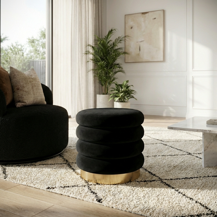 Interior Ave - Roma Round Velvet Ottoman / Footstool – Black.