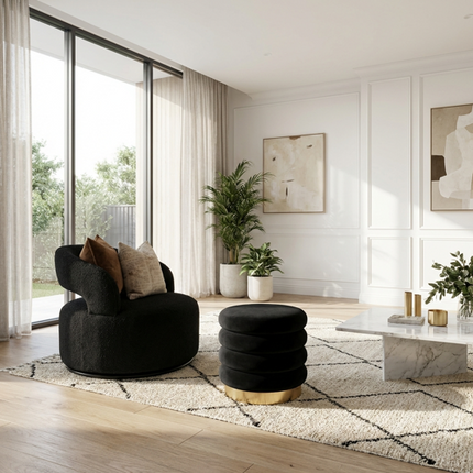 Interior Ave - Roma Round Velvet Ottoman / Footstool – Black.
