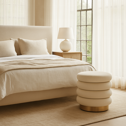 Interior Ave - Roma Round Tweed Ottoman / Footstool – Light Grey.