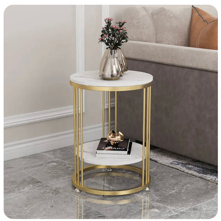 Interior Ave Cleo Gold Two Shelf Stone Side Table.