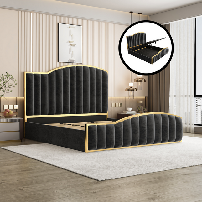 Elegant King Bedframe Charcoal Velvet Fabric with Gas Lift Storage and Golden Trim