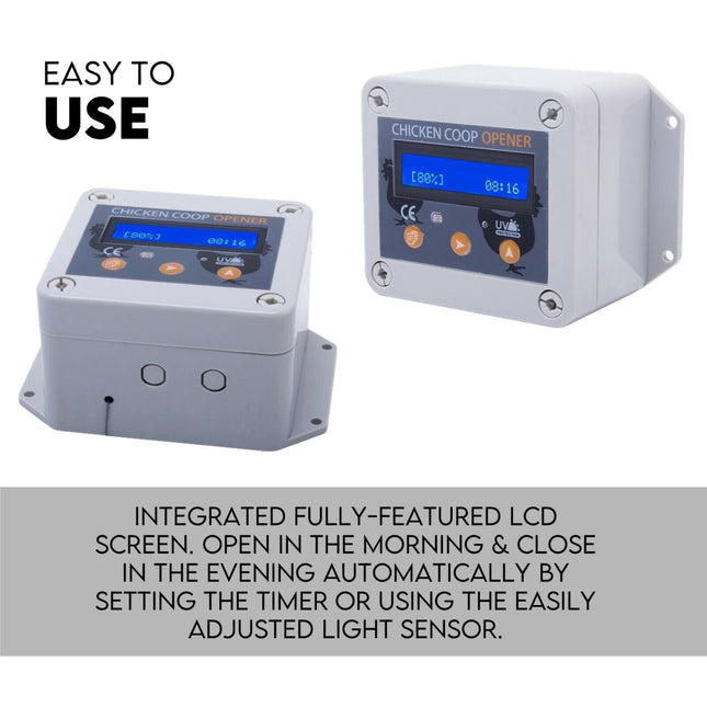 Chicken Coop Door with Digital LCD Screen to manage Timer and Sensor.