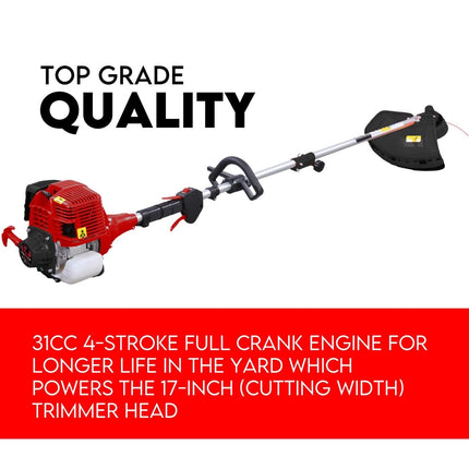 4 STROKE Whipper Snipper Straight Shaft Line Trimmer 31CC Pole Brush Cutter.