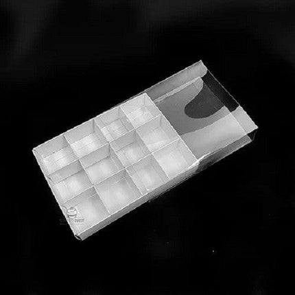 100 Pack of White Card Chocolate Sweet Soap Product Retail Gift Box - 12 bay 4x4x3cm Compartments  - Clear Slide On Lid - 16x12x3cm.