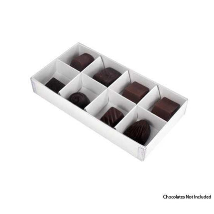 100 Pack of White Card Chocolate Sweet Soap Product Retail Gift Box - 8 bay 3cm Compartments - Clear Slide On Lid - 16x8x3cm.