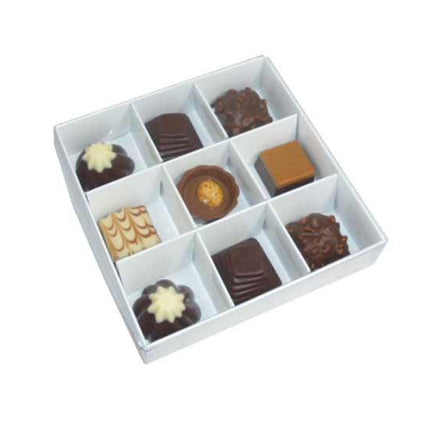 100 Pack of White Card Chocolate Sweet Soap Product Retail Gift Box - 9 bay 4x4x3cm Compartments  - Clear Slide On Lid - 12x12x3cm.
