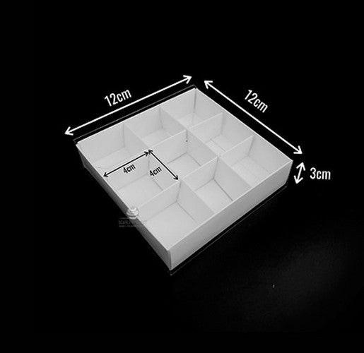 100 Pack of White Card Chocolate Sweet Soap Product Retail Gift Box - 9 bay 4x4x3cm Compartments  - Clear Slide On Lid - 12x12x3cm.