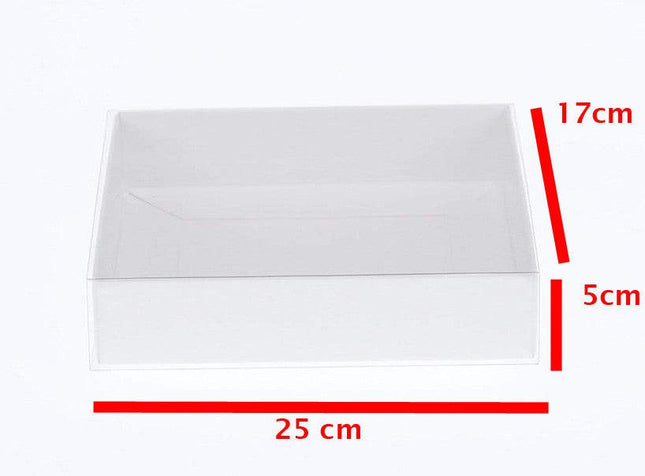 100 Pack of White Card Box - Clear Slide On Lid - 17 x 25 x 5cm -  Large Beauty Product Gift Giving Hamper Tray Merch Fashion Cake Sweets Xmas.