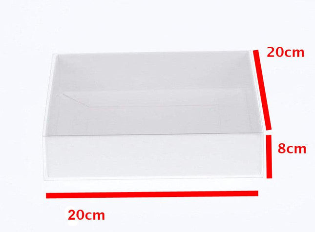 100 Pack of White Card Square Box - Clear Slide On Lid - 20 x 20 x 8cm -  Large Beauty Product Gift Giving Hamper Tray Merch Fashion Cake Sweets Xmas.