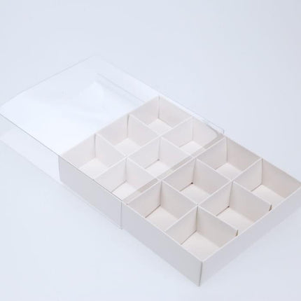 10 Pack of White Card Chocolate Sweet Soap Product Retail Gift Box - 12 bay 4x4x3cm Compartments  - Clear Slide On Lid - 16x12x3cm.