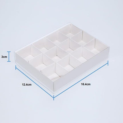 10 Pack of White Card Chocolate Sweet Soap Product Retail Gift Box - 12 bay 4x4x3cm Compartments  - Clear Slide On Lid - 16x12x3cm.