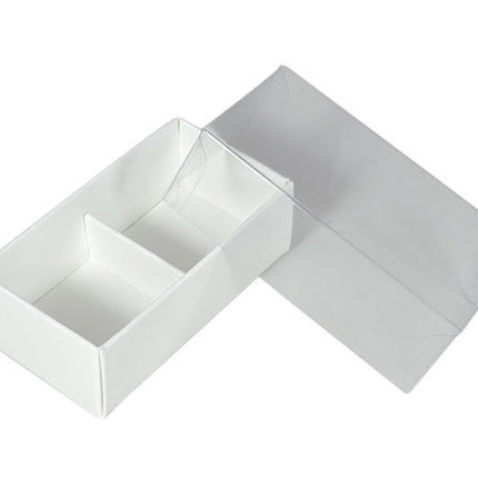 10 Pack of White Card Chocolate Sweet Soap Product Retail Gift Box - 2 Bay Compartments - Clear Slide On Lid - 8x4x3cm.