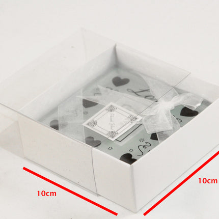 10 Pack of 10cm Square Invitation Coaster Favor Function product Presentation Cookie Biscuit Patisserie Gift Box - 4cm deep - White Card with Clear Slide On PVC Lid.