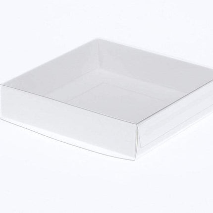 10 Pack of 10cm Square Invitation Coaster Favor Function product Presentation Cookie Biscuit Patisserie Gift Box - 4cm deep - White Card with Clear Slide On PVC Lid.