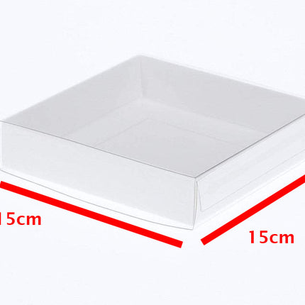 10 Pack of 15cm Square Invitation Coaster Favor Function product Presentation Cookie Biscuit Patisserie Gift Box - 4cm deep - White Card with Clear Slide On PVC Lid.