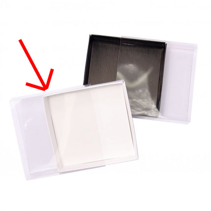 10 Pack of 15cm Square Invitation Coaster Favor Function product Presentation Cookie Biscuit Patisserie Gift Box - 4cm deep - White Card with Clear Slide On PVC Lid.