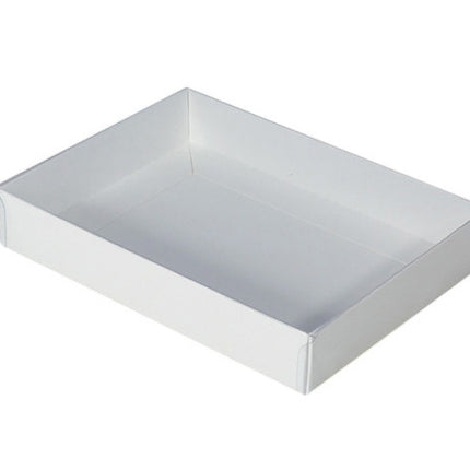 10 Pack of White Card Box - Clear Slide On Lid - 25 x 25 x 6cm - Large Beauty Product Gift Giving Hamper Tray Merch Fashion Cake Sweets Xmas.