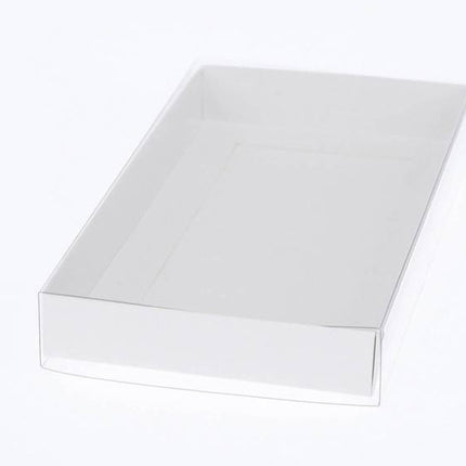 10 Pack of White Card Box - Clear Slide On Lid - 25 x 25 x 6cm - Large Beauty Product Gift Giving Hamper Tray Merch Fashion Cake Sweets Xmas.