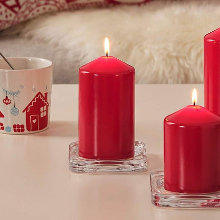 4 Pack Red Wax Pillar Advent Candles Xmas Wedding Party Table Room Centrepiece Decor Graduated sized 6 to 15cm High.