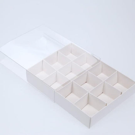 50 Pack of White Card Chocolate Sweet Soap Product Retail Gift Box - 12 bay 4x4x3cm Compartments  - Clear Slide On Lid - 16x12x3cm.