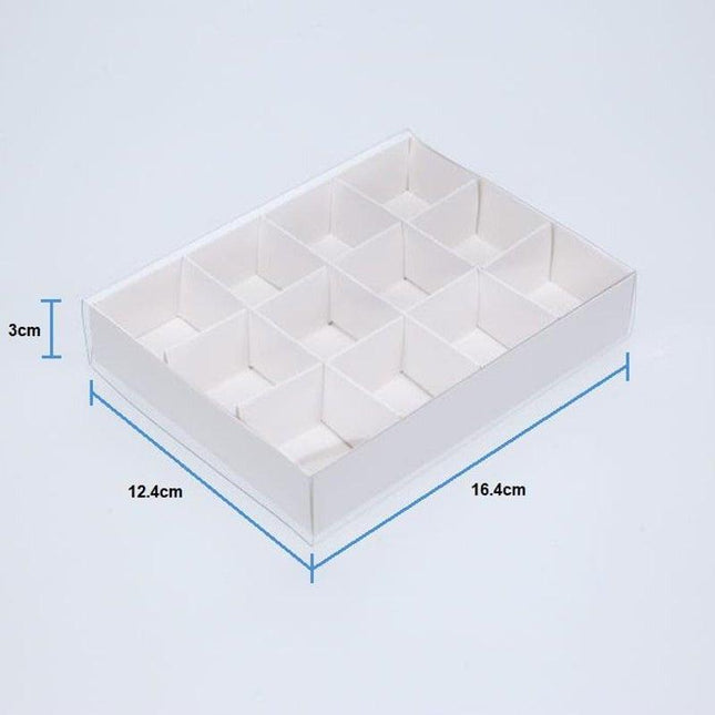 50 Pack of White Card Chocolate Sweet Soap Product Retail Gift Box - 12 bay 4x4x3cm Compartments  - Clear Slide On Lid - 16x12x3cm.