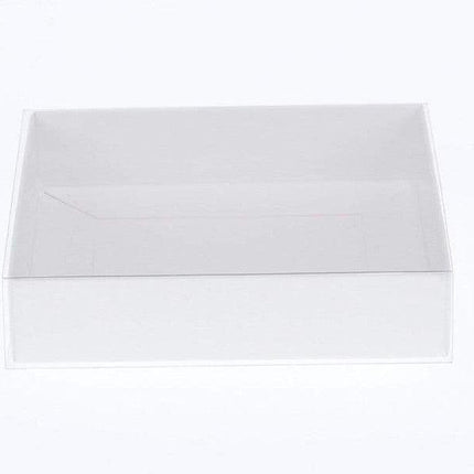 50 Pack of White Card Square Box - Clear Slide On Lid - 20 x 20 x 8cm -  Large Beauty Product Gift Giving Hamper Tray Merch Fashion Cake Sweets Xmas.