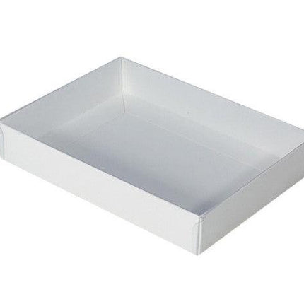 50 Pack of White Card Square Box - Clear Slide On Lid - 20 x 20 x 8cm -  Large Beauty Product Gift Giving Hamper Tray Merch Fashion Cake Sweets Xmas.