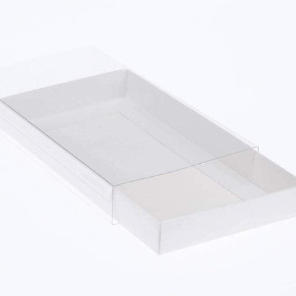 50 Pack of White Card Square Box - Clear Slide On Lid - 20 x 20 x 8cm -  Large Beauty Product Gift Giving Hamper Tray Merch Fashion Cake Sweets Xmas.