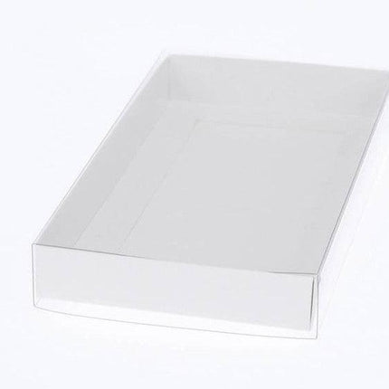 50 Pack of White Card Square Box - Clear Slide On Lid - 20 x 20 x 8cm -  Large Beauty Product Gift Giving Hamper Tray Merch Fashion Cake Sweets Xmas.