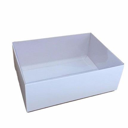 50 Pack of White Card Square Box - Clear Slide On Lid - 20 x 20 x 8cm -  Large Beauty Product Gift Giving Hamper Tray Merch Fashion Cake Sweets Xmas.