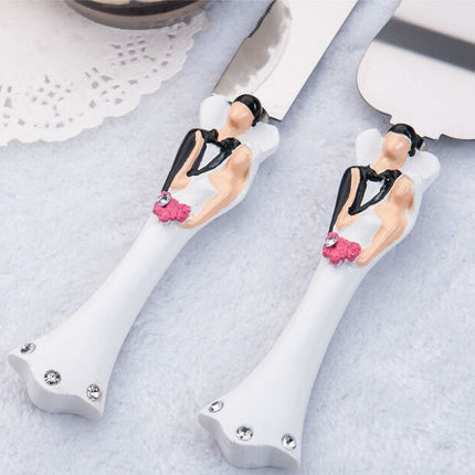Bride Groom Cake Server Set Wedding Cake Knife and Silver Blade Server Set Boxed - Bride Groom Handles.