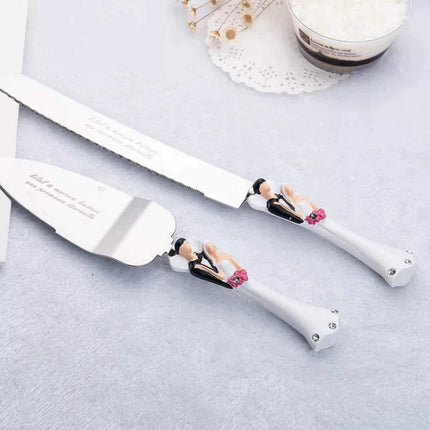 Bride Groom Cake Server Set Wedding Cake Knife and Silver Blade Server Set Boxed - Bride Groom Handles.