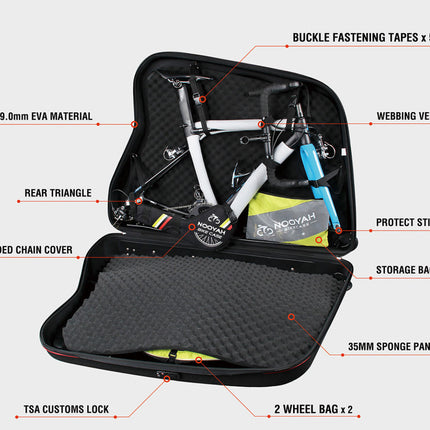 NOOYAH Bike Hard Shell Travel Case EVA Mountain MTB ebike Road Bike 700c Gravel Bike Tourer- BK002 in Black.