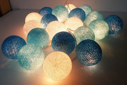 1 Set of 20 LED Blue 5cm Cotton Ball Battery Powered String Lights Christmas Gift Home Wedding Party Boys Bedroom Decoration Indoor Table Centrepiece.