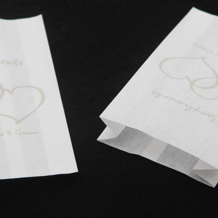 100 Pack Wedding Cake Bags Greaseproof Wax Paper Slice Take Home Favour Silver Heart n Message.
