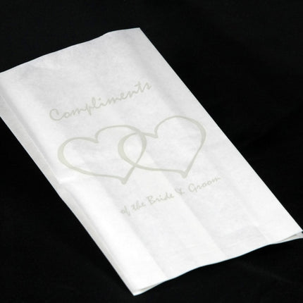 100 Pack Wedding Cake Bags Greaseproof Wax Paper Slice Take Home Favour Silver Heart n Message.