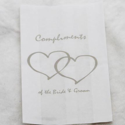 50 Pack Wedding Cake Bags Greaseproof Wax Paper Slice Take Home Favour Silver Heart n Message.