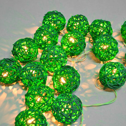 1 Set of Green 5cm Rattan Cane 20 Ball Battery Powered 3m String Lights Christmas Gift Home Wedding Party Bedroom Decoration Table Centrepiece.