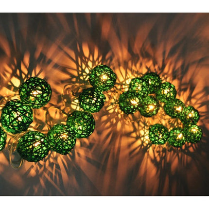 1 Set of Green 5cm Rattan Cane 20 Ball Battery Powered 3m String Lights Christmas Gift Home Wedding Party Bedroom Decoration Table Centrepiece.