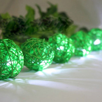 1 Set of Green 5cm Rattan Cane 20 Ball Battery Powered 3m String Lights Christmas Gift Home Wedding Party Bedroom Decoration Table Centrepiece.